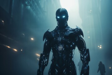 Naklejka premium Futuristic Cybernetic Robot in Dark Sci-Fi City with Glowing Eyes and Advanced Armor