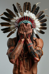 Obraz premium people of ai // indian chief covering face with hands, disappinted, clean background, photorealistic