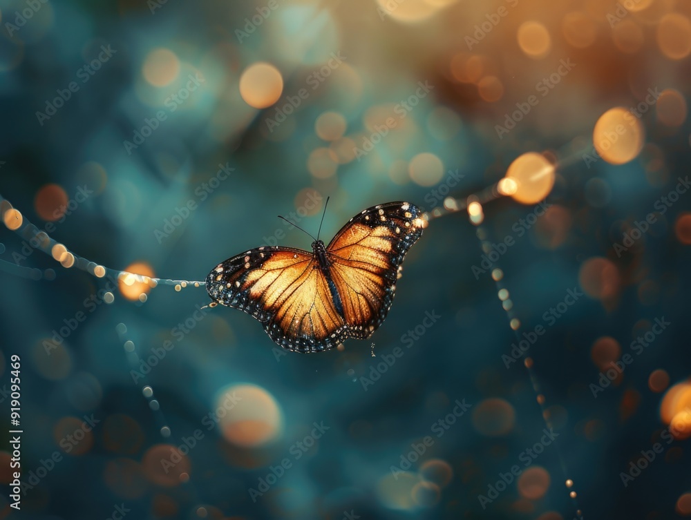 Poster Close-up of butterfly emerging from cocoon, surrounded by spider webs and bokeh lights.