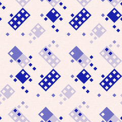 Faded electric blue glitch geo washed effect seamless pattern. Indigo dye grungy blotched distress abstract background texture repeat. 