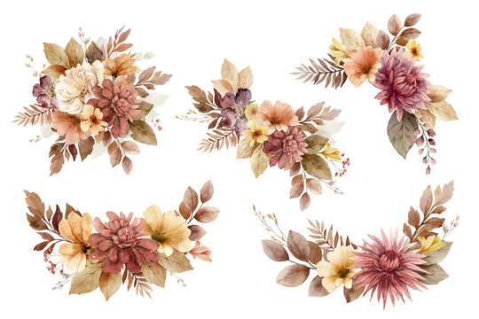 Autumn floral illustration clipart. Fall wreath and bouquet. Burnt orange, terracotta and earth tone flowers for rustic wedding design, greeting cards, thanksgiving decoration.