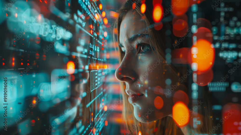 Poster a woman looks at a computer screen with a face on it. the face is made up of many small dots, giving