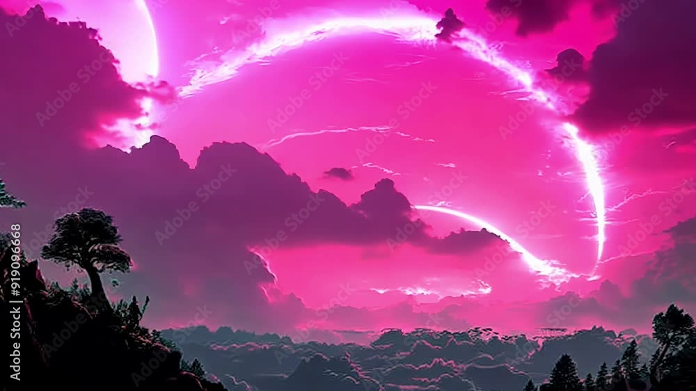 Canvas Prints a pink sky with clouds and a tree in the foreground