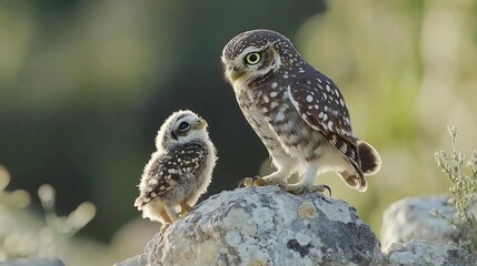The little owl (Athene noctua) with his chick standing on a stone 