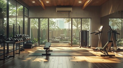 A spacious room features gym equipment like mats and weights, with a clear view outdoors