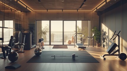 Obraz premium A spacious room features gym equipment like mats and weights, with a clear view outdoors