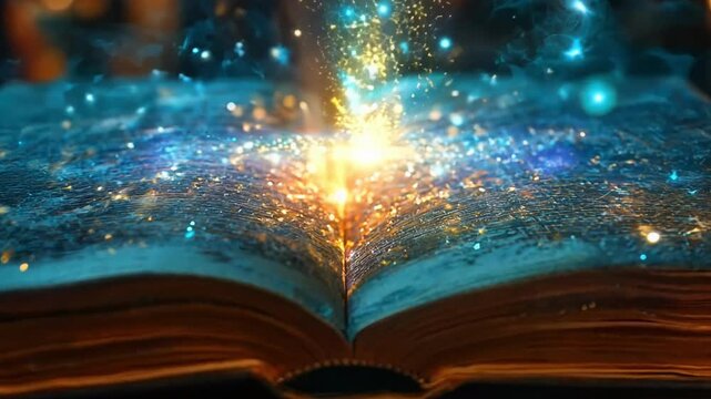A book is open to a page with a blue sky and stars. The sky is illuminated with a bright light, creating a sense of wonder and magic. The book appears to be a fantasy novel