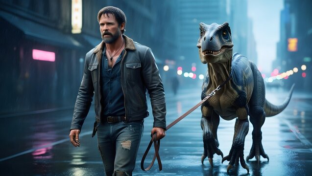 Person with his pet dinosaurus walking on street 