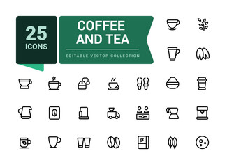 Coffee And Tea icons in linear style. Related to Drink, Drinking, Lemonade, cocktail, cold and hot. Simple editable vector stroke illustration.