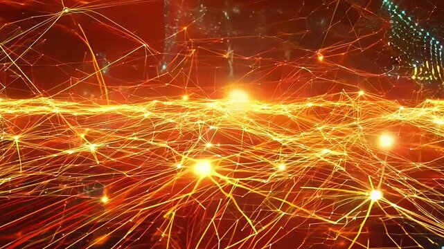 A computer screen with a yellow background and a lot of red lines. Concept of complexity and interconnectedness