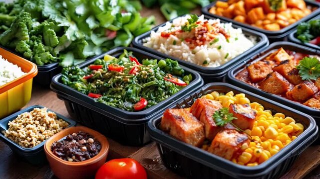A variety of food is displayed in plastic containers on a wooden table. The food includes chicken, rice, corn, and vegetables. The presentation is colorful and appetizing, making it an inviting meal