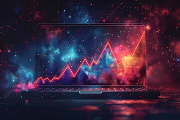 Obraz premium Cosmic Data Visualization: A Laptop Displaying a Rising Graph in a Stellar Background