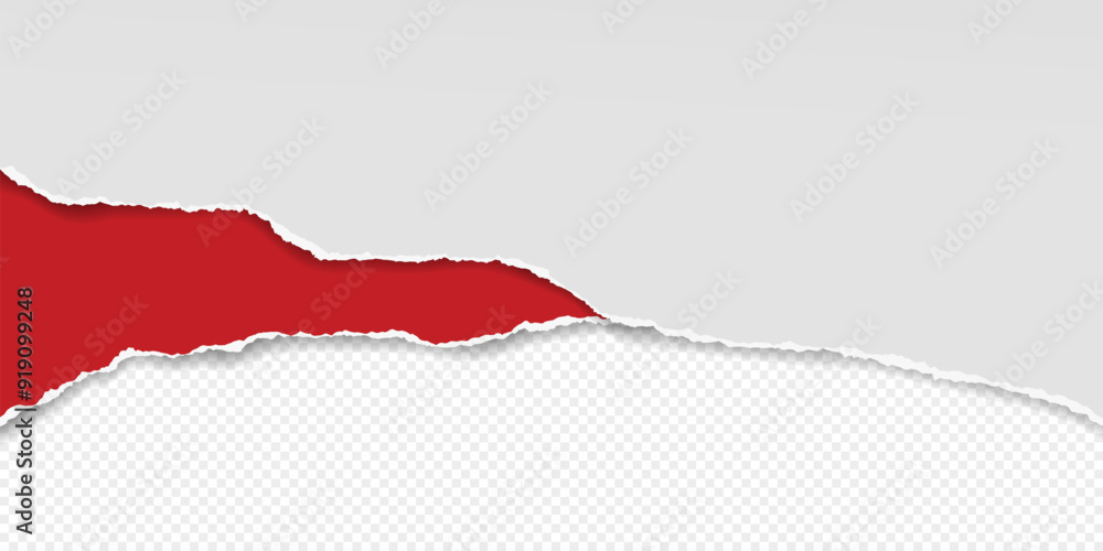 Aufkleber red paper with torn edge and soft shadow is on white squared background for text or ad.