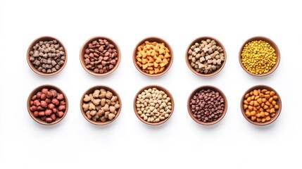 Fototapeta premium An assortment of nutrient-rich wet and dry pet foods arranged neatly on a clean white background, emphasizing their health benefits.