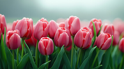 Fototapeta premium A stunning field of pink tulips surrounded by green leaves, capturing the essence of spring's beauty and vibrant colors.