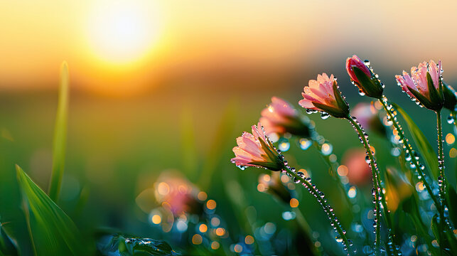 Beautiful flowers glisten with dew in the morning sunlight, creating a serene and vibrant atmosphere in a natural setting.