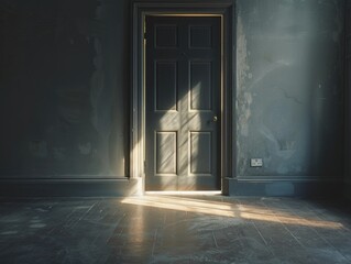 A dramatic scene with a doorway in an old building, bathed in sunlight that casts a stark shadow. The atmosphere is moody and mysterious.