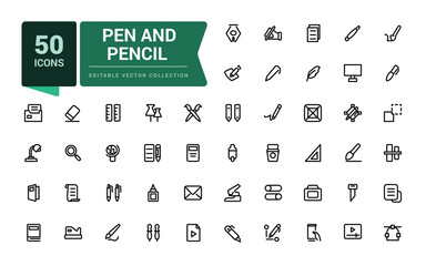 Pen and pencil icon set. Pixel perfect, minimalistic web and UI icon. Outline icon collections. Editable vector illustration.