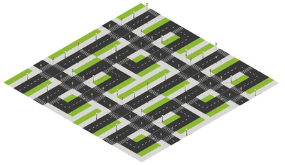 Isometric city street network with traffic lights and crosswalks