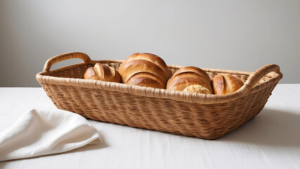 Fresh baked bread rolls basket on a table