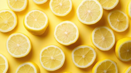 Fototapeta premium Bright lemon slices scattered on a pastel yellow background, full of citrusy zest.