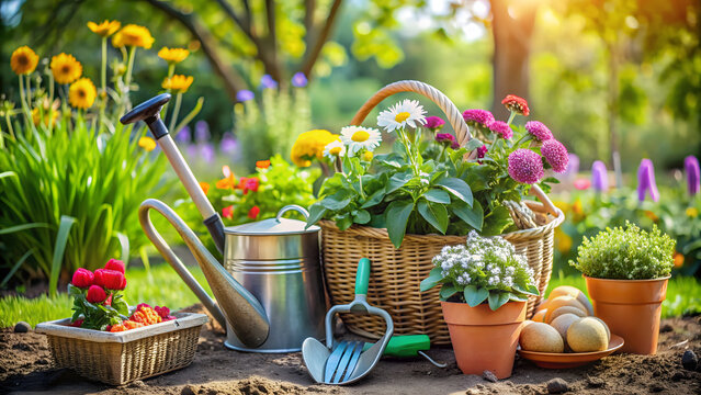 A small garden plot with gardening tools, potted plants, and a watering can. Include a small awheelbarrow and garden gloves, with blooming flowers and vegetables, conveying a sense of family bonding.