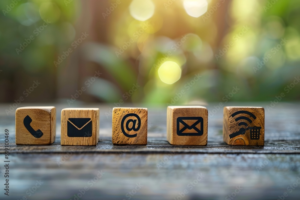 Poster communication icons on wooden blocks representing contact methods