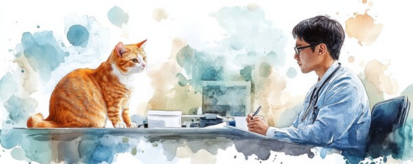 Watercolor illustration of a veterinarian examining a cat with a gentle and professional approach in a colorful artistic scene.