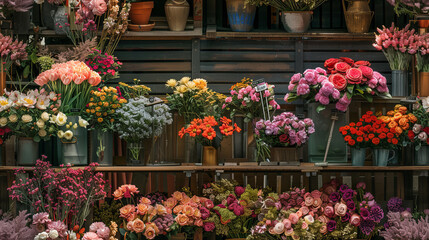 Naklejka premium Variety of flowers on display at florist shop floral market seamless pattern