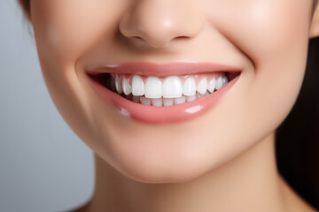 Fototapeta premium Perfect healthy teeth smile of a young woman. Teeth whitening. Dental care, stomatology concept.