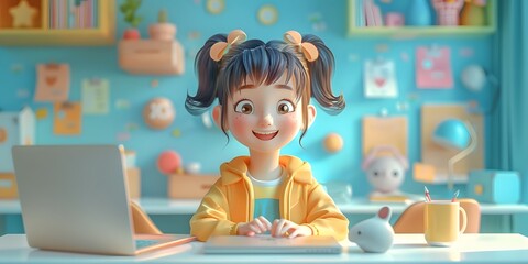 A 3D character using a computer for work and online shopping, blending business and commerce in a modern, tech-driven environment.