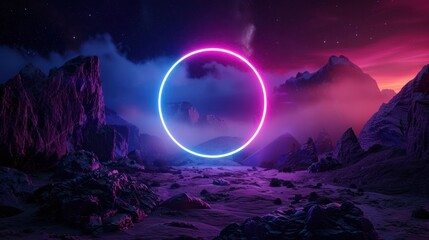 Fototapeta premium A Glowing Circle in a Purple and Blue Night Sky Over Mountainous Terrain