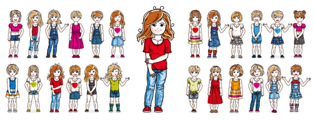 Cute little child girls in different casual wear standing in full length and posing vector illustrations isolated big set, happy beautiful kids drawings collection, people diversity children.