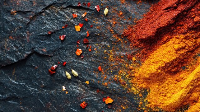 Close-up of vibrant spices such as chili powder, cumin, and cardamom scattered on a dark stone surface, creating an intense color contrast