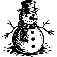 This is an illustration featuring a snowman adorned with a top hat and a scarf