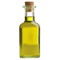 A bottle of olive oil is sitting on a white background