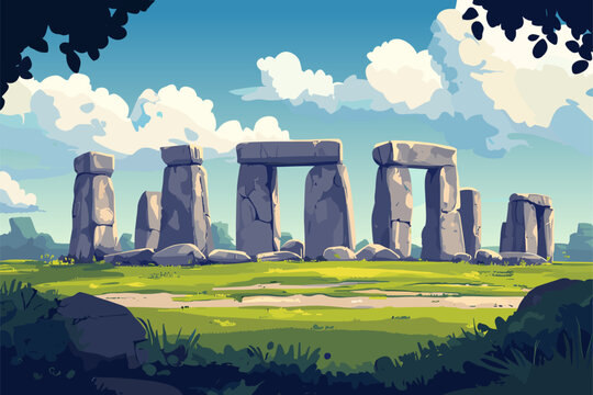 Stonehenge England landscape. Vacation, holidays travel destination background. Remote and unusual location concept. Kingdom culture. Famous ancient monument prehistorical site. Cartoon style vector