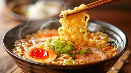 暖かいラーメンのどんぶりの箸で麺を持ち上げているイメージ