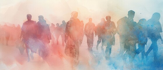 Silhouettes of running People, stream of refugees, caravan, column, convoy through the dessert, background banner with copy space for charity, aid, support, watercolor illustration