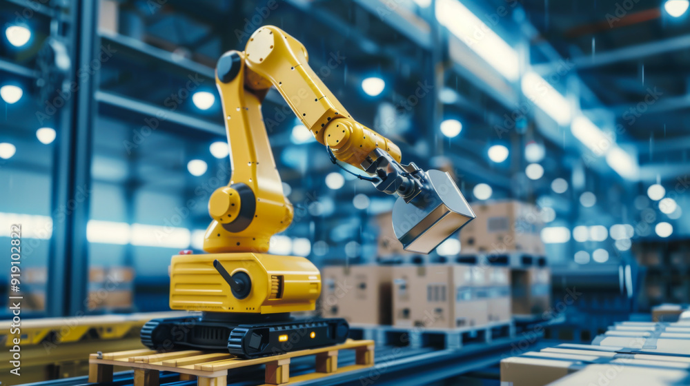 Aufkleber automated production logistics using a robotic manipulator. industrial robotic plant. technology con