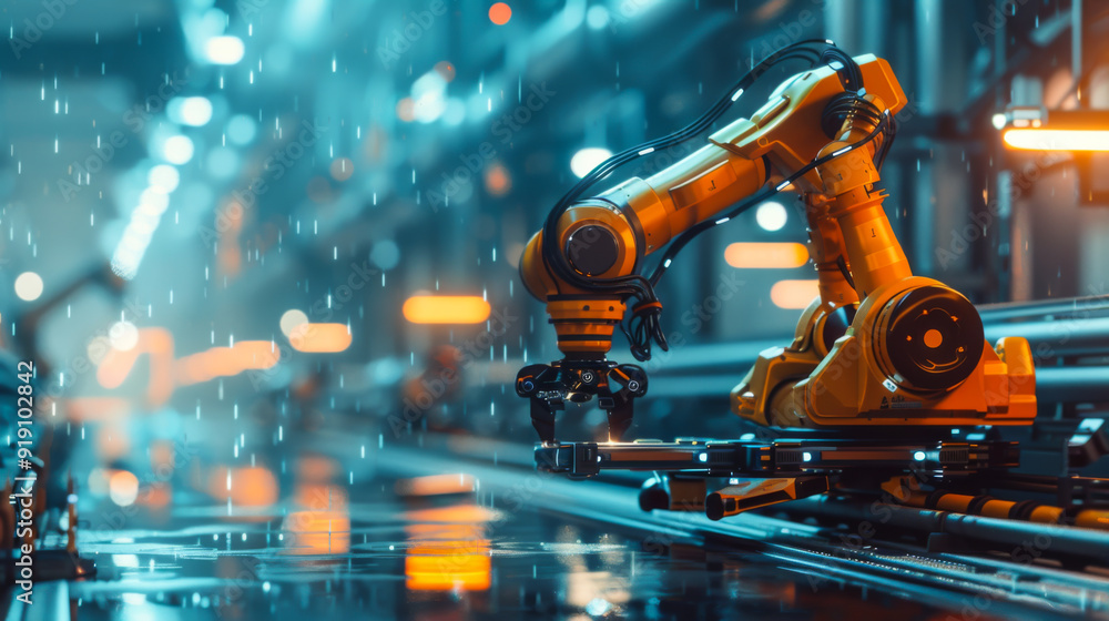 Poster automated production logistics using a robotic manipulator. industrial robotic plant. technology con