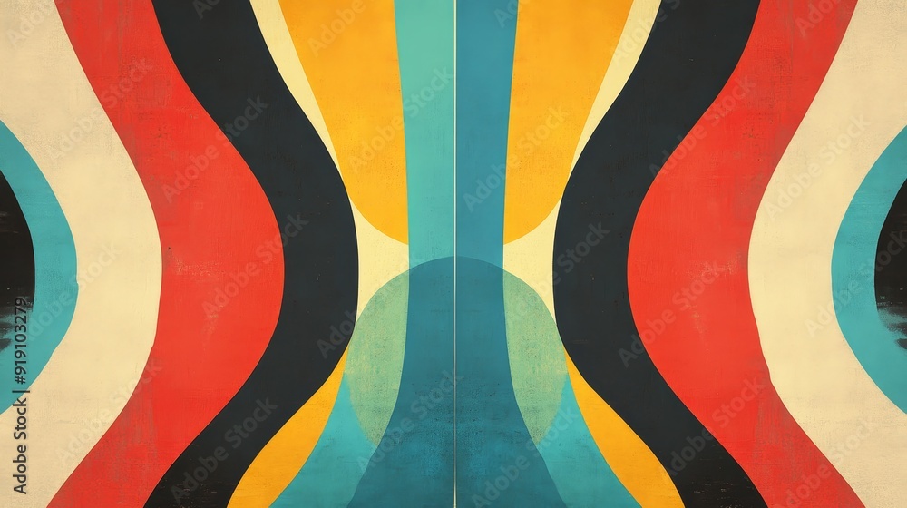 Poster a vibrant abstract design featuring flowing shapes and bold colors, creating a dynamic visual impact