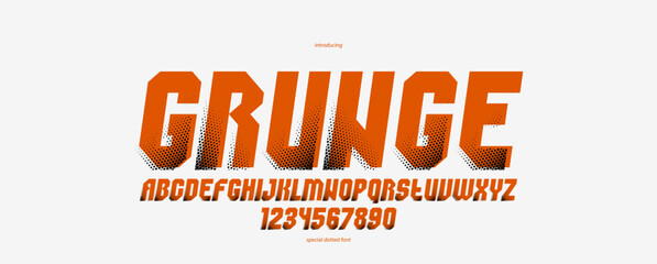 Halftone dotted geometric brutal and bold typeface for logos and posters, vector urban industrial font, modern display typography in cyberpunk futuristic style, italic version.