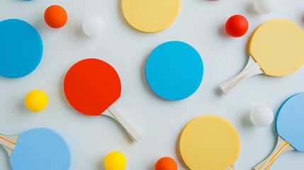 A neatly arranged set of ping pong paddles and balls on a white background. The vibrant colors of the equipment stand out against the plain backdrop.