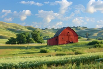 Obraz premium Serene Countryside Landscape with a Classic Red Barn and Rolling Green Hills