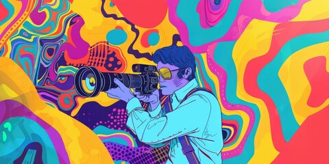 Obraz premium A man with a camera in front of colorful swirls.