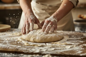 Detail of male hands preparing bread dough - baked wheat bread - Happy Hispanic adult man preparing bread dough. Beautiful simple AI generated image in 4K, unique.