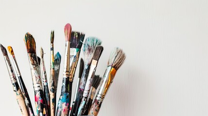 Obraz premium Assorted paintbrushes covered in paint against a white background