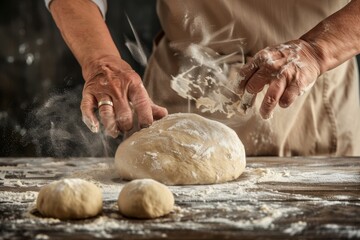 Fototapeta premium baker at work. The baker shapes the bread. Hands on the close-up form bread. Beautiful simple AI generated image in 4K, unique.