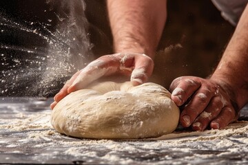 Fototapeta premium baker at work. The baker shapes the bread. Hands on the close-up form bread. Beautiful simple AI generated image in 4K, unique.